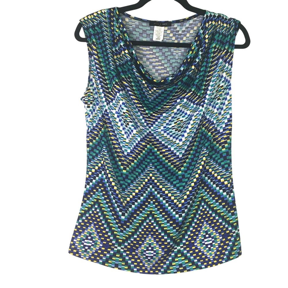Jennie & Marlis Geometric Chevron Cowl Neck Sleeveless Top Medium Green Blue